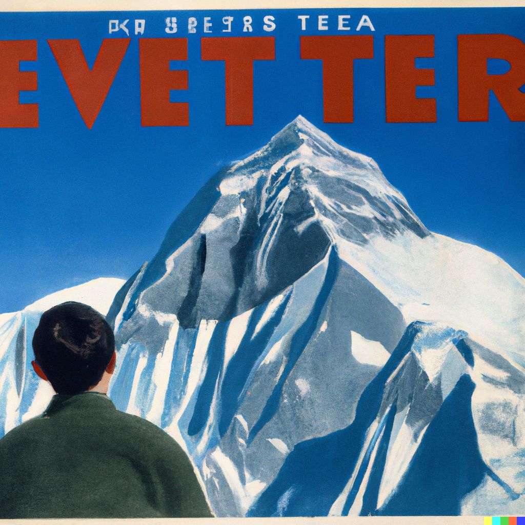 someone gazing at Mount Everest, advertisement from the '60s